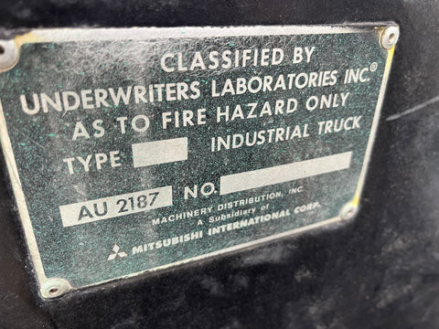 UL label on Mitsubishi FG20 fork truck. 