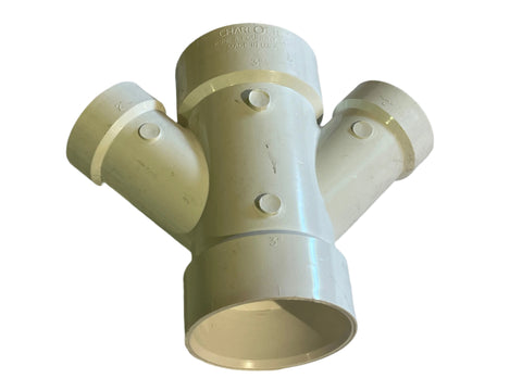 New model # 612 reducing double wye by Charlotte Pipe. 3"x3"x2"x2" all hub of sch. 40 white PVC for non-pressure DWV applications. 