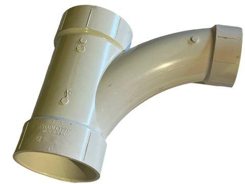 New, 4"x4"x3", reducing, all hub, combination wye & 1/8 bend, sch. 40, white PVC fitting for non-pressure DWV applications. Model # 502 by Charlotte Pipe. 