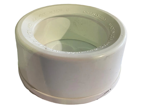 New #107 by Charlotte Pipe flush bushing. 4"x3" SPGxH. White, schedule 40 PVC. For DWV non-pressure applications. 