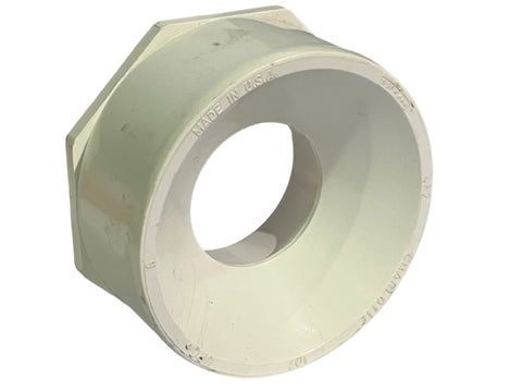 New Charlotte Pipe #107 3"x2" SPGxH flush bushing. White, schedule 40 PVC for non-pressure DWV use. 