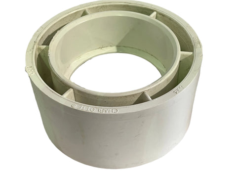 New, 6"x4", schedule 40, white PVC, flush bushing. Model # 107 by Charlotte Pipe. For non-pressure DWV use. 