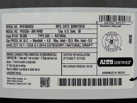 Rheem 50-Gal. Water Heater - PROG50-38N RH60