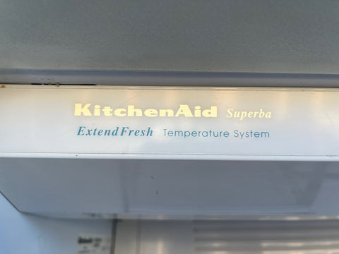 Close-up of label inside KitchenAid Superba reclaimed refrigerator with Extend Fresh temperature system. 