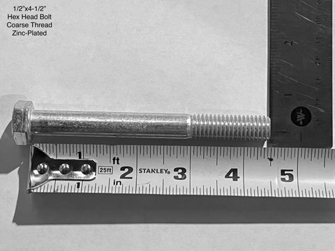 View of 4.5" long, 0.5", 13 pitch, coarse thread, grade 5, zinc plated bolt. 