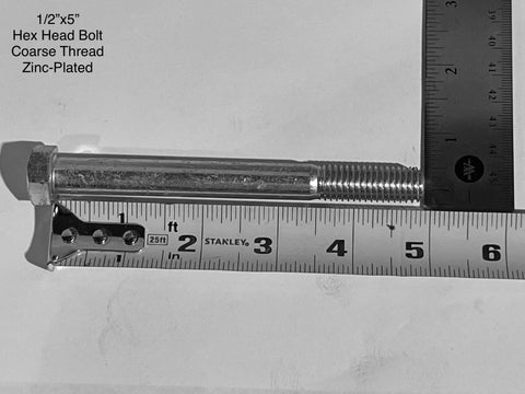 Overview of half inch by five inch hex head bolt featuring 13 pitch coarse thread and zinc plating. 