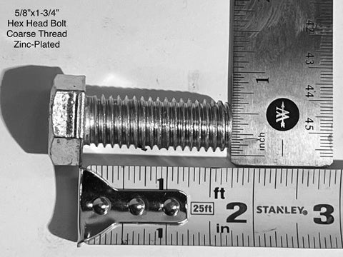 New, zinc-plated steel, 5/8"x1-3/4" hex head bolt with 11 pitch coarse thread. 