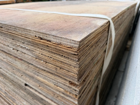 5/8" unfinished plywood sheets: 46 4x8s & 3 partials in a bundle (F). 