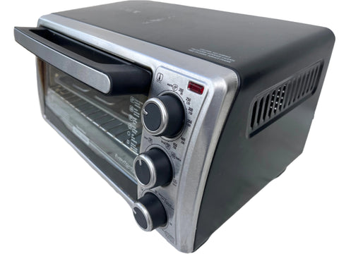 3/4 view of Black and Decker Toast-R-Oven featuring a stainless steel fascia and black housing. 