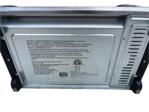 Underside view of B&D #TO1303SB toaster oven showing model number and specifications. 