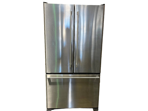 Front view of good used Ikea French door refrigerator with lower freezer featuring a stainless steel fascia and large grab handles. 