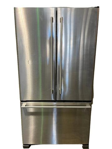 Front of 36" Ikea model IX5HHEXWS09 refrigerator featuring stainless steel construction and French door layout. 