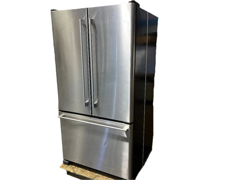 Corner view of reclaimed Ikea 36" freestanding French door refrigerator/freezer, model # IX5HHEXWS09. 