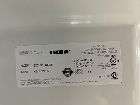 Detail of label inside Ikea IX5HHEXWS09 French door refrigerator. 