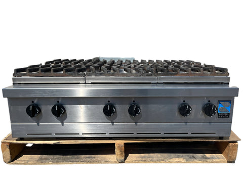 Front view of good, used, Russel, 36", built-in, 6 burner, gas stovetop. Made of stainless steel with cast iron grates. Model # FSC-36-6SQS. 