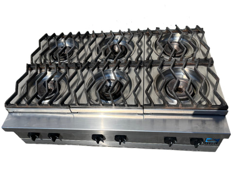 Top view of stainless steel, reclaimed Russel, 36", built-in, 6 burner, gas cooktop. Model # FSC-36-6SQS. 