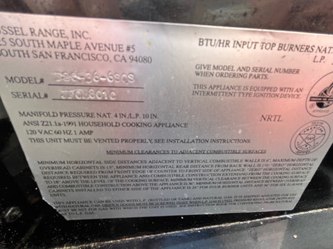 Overview of label on Russel 36" built-in residential range top. 