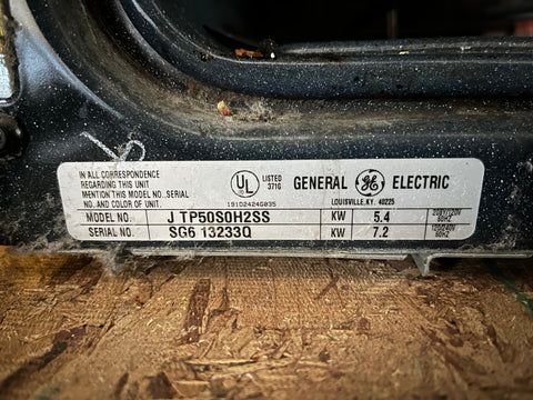 Close-up of label on General Electric in-wall double oven, model #JTP50S0H2SS. 