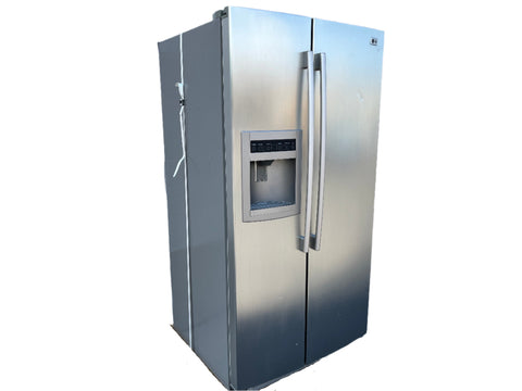 3/4 left view of reclaimed LG #LSC26905TT stand-alone stainless steel refrigerator/freezer. 