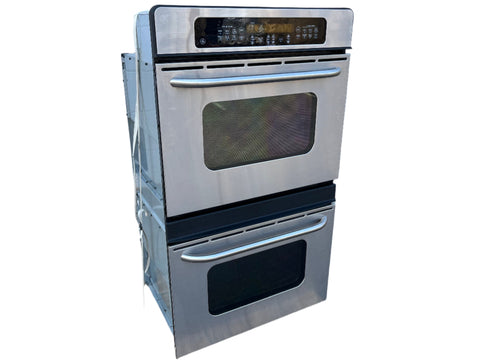 3/4 left view of in-wall GE electric double oven with round handles and digital display. 