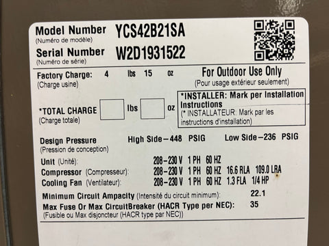 York AC Condenser YCS42B21SA + Evaporator