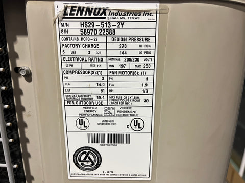 Close up of label on Lennox HS29-513-2Y AC condenser displaying various specifications. 