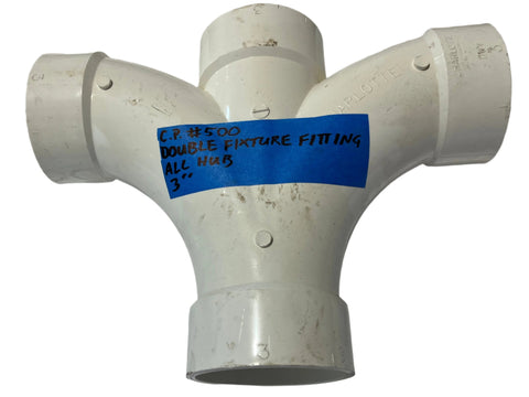 New model # 500 by Charlotte Pipe 3" all hub double fixture fitting. Schedule 40 white PVC for DWV non-pressure applications. 