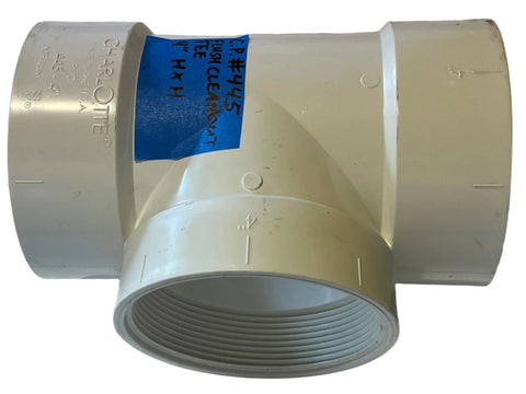 HxH, 4", Flush Cleanout Tee without plug by Charlotte Pipe. Model # 445, made of white, sch. 40 PVC. Designed for DWV, non-pressure systems. 