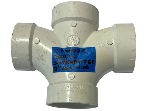 New Charlotte Pipe model # 428, 2" all hub double sanitary tee of schedule 40 white PVC for non-pressure DWV applications. 