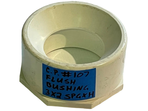 Charlotte Pipe #107 flush bushing. 3"x2" SPGxH. White PVC. 