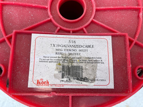 200' spool of new Koch model 003251 5/16" 7x19 galvanized steel cable. 