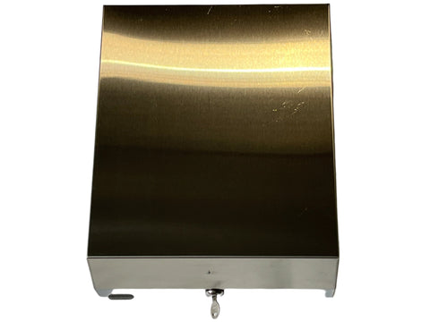 New, satin brushed stainless steel commercial lavatory pulldown paper towel dispenser. 