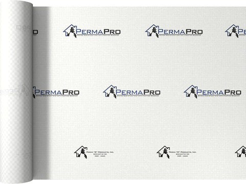 Detail of Permapro water resistant air infiltration barrier with printed logos. 
