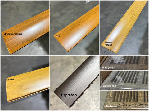 Collage of new .39" thick x 2.20" wide x 72.83" long solid wood floor reducers in various finishes. 