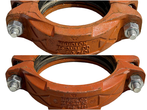 Collage of reclaimed Gruvlok Rigidlok Figure 7401 rigid pipe couplings in 4" & 6" sizes. 