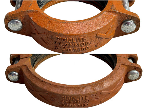 Good, used Gruvlok Rigidlite 3" & 6" rigid pipe couplings with EPDM gaskets. 