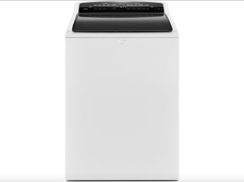 Overview of Whirlpool Cabrio high efficiency top load washing machine, model # WTW7300DW0 in white with rear-mounted electronic controls. 