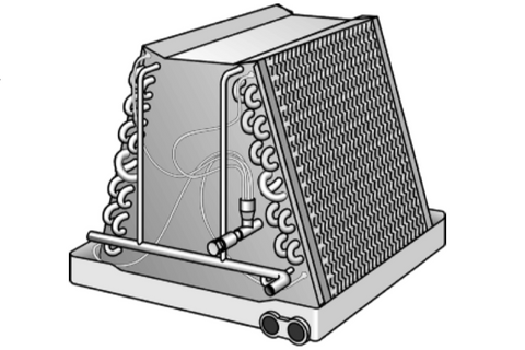 Detailed drawing of "A" configuration coils inside fully cased Lennox AC evaporator housing. 