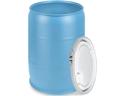 Plastic 55 gallon drum with removable lid. 