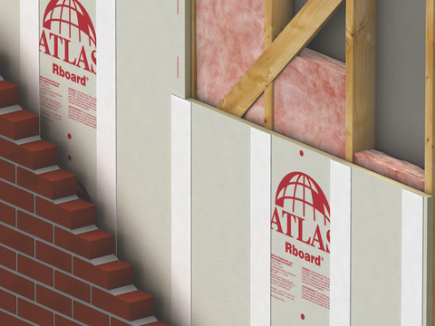 Graphic of Atlas brand Rboard CGF polyiso board installed with wood framing. 