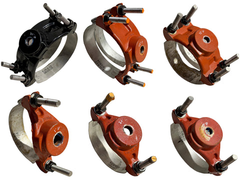 Collage of reclaimed Romac service saddles with cast iron bodies and stainless steel straps. 