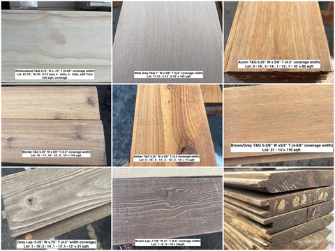 Collage of various lots of solid wood siding. 