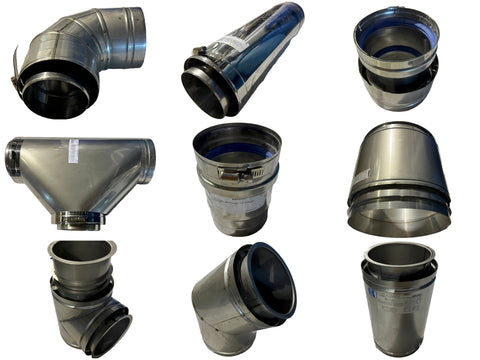 Collage of new, stainless steel, commercial/industrial gas/vent/flue fittings. 