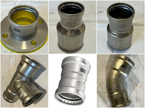 New Viega MegaPress stainless steel press fittings with seals for water, diesel, oil, ammonia, low pressure steam & other fluids & gasses. 