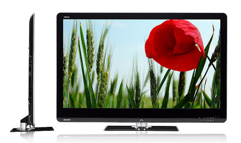 Stock image of front and side of Sharp AQUOS #LC-60LE810UN 60" smart HDTV. 