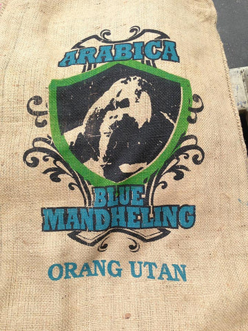 Orangutan arabica burlap coffee bags. Material Resourcers repurposes materials from industrial & manufacturing companies. Bring us your waste, excess, non-recyclable, by-product, remnant, blemished, cancelled, and expired materials.